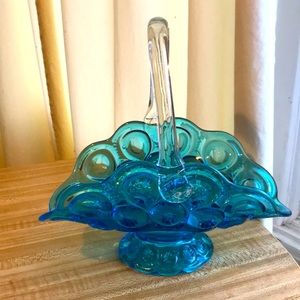 L.E. Smith Moon & Stars Teal Glass Basket with Clear Handle